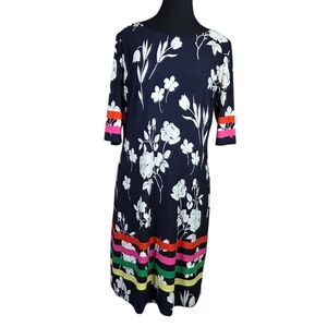 Eliza J Navy Floral Sheath Dress with Colorful Stripes And Short Sleeves Size 10